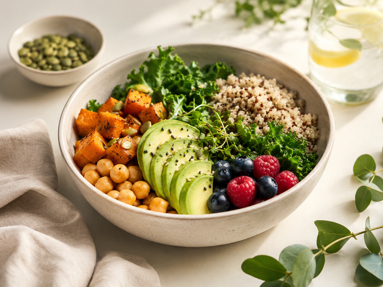 Bunte, gesunde Bowl mit Quinoa, Avocado, Kichererbsen, Süßkartoffel und Beeren