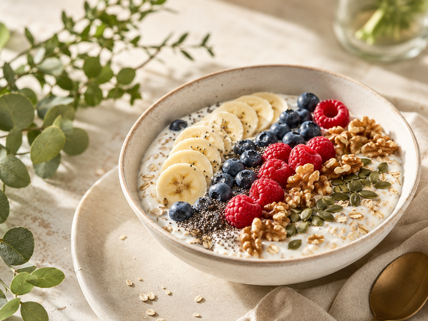 Cremige Joghurt-Bowl mit Beeren, Banane, Walnüssen und Kürbiskernen