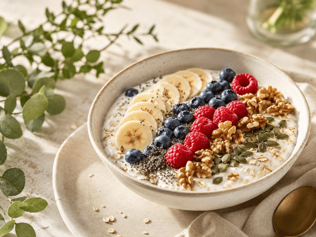 Cremige Nerven-Bowl mit Beeren, Banane &&nbsp;Walnüssen
