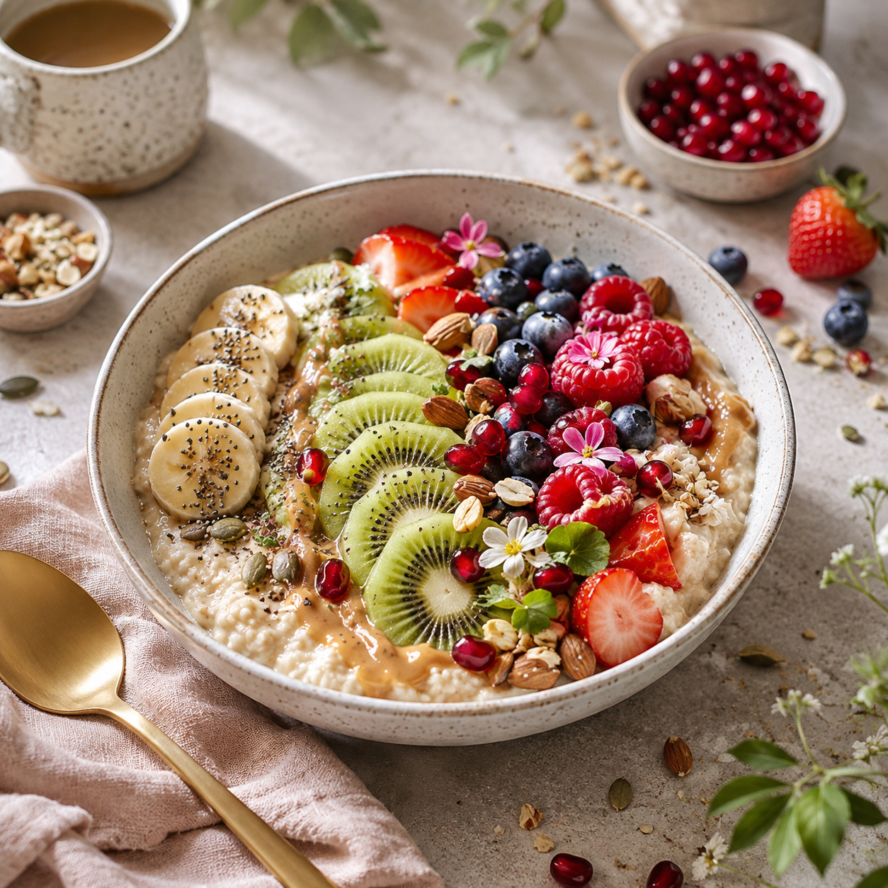 Cremiges Porridge mit Banane, Kiwi, Beeren und Nüssen in einer Schale